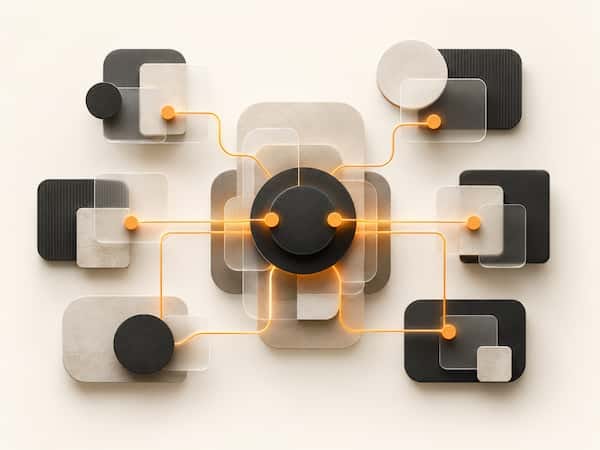 Abstract orange threads unravelling from a corporate structure, representing expertise separating from job title