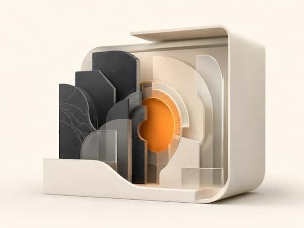 Abstract geometric forms arranging into an ordered structure, representing expertise organised into a commercial offer