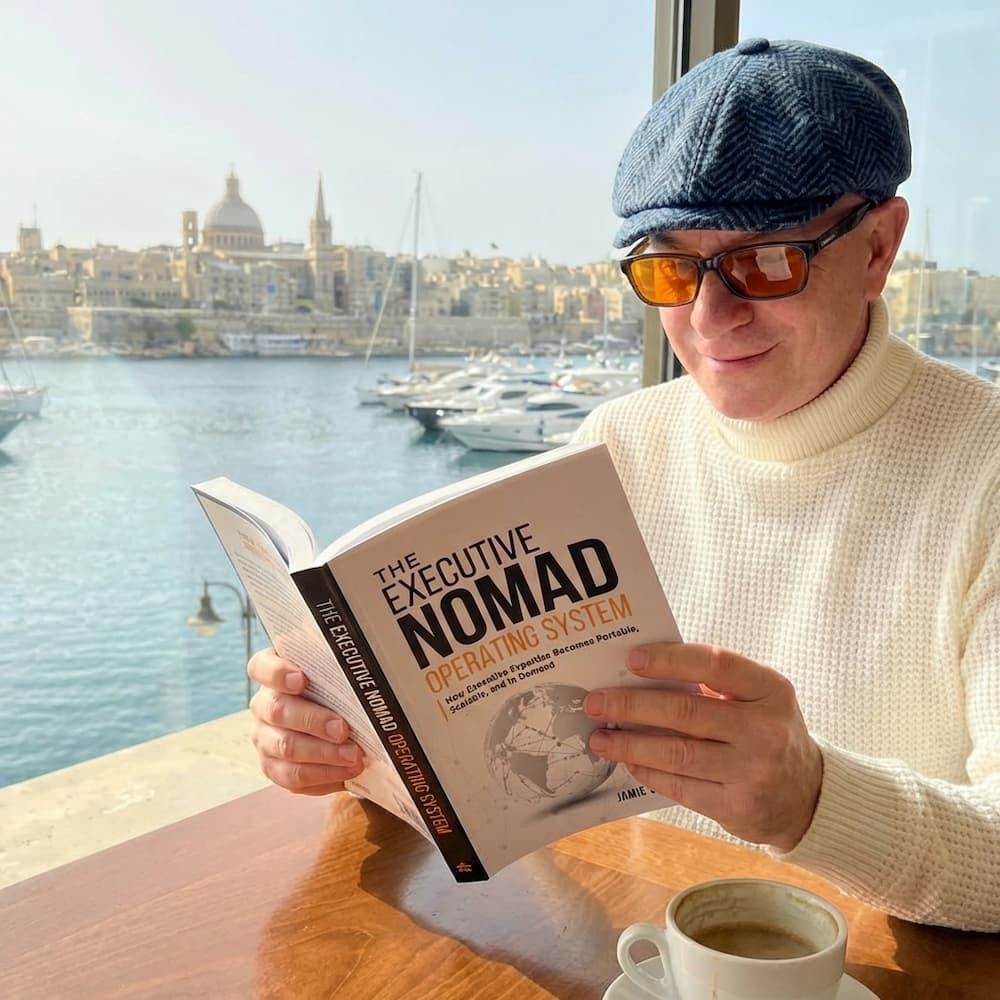 Jamie Sylvian reading The Executive Nomad Operating System by a harbour, with a coffee