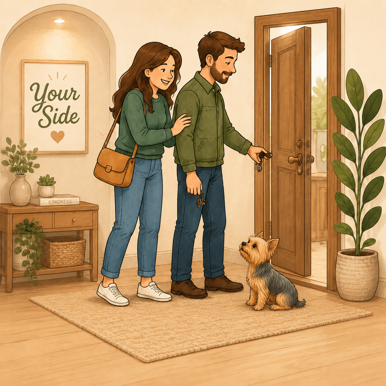 Pareja saliendo de casa mientras ayuda a su perro a quedarse tranquilo