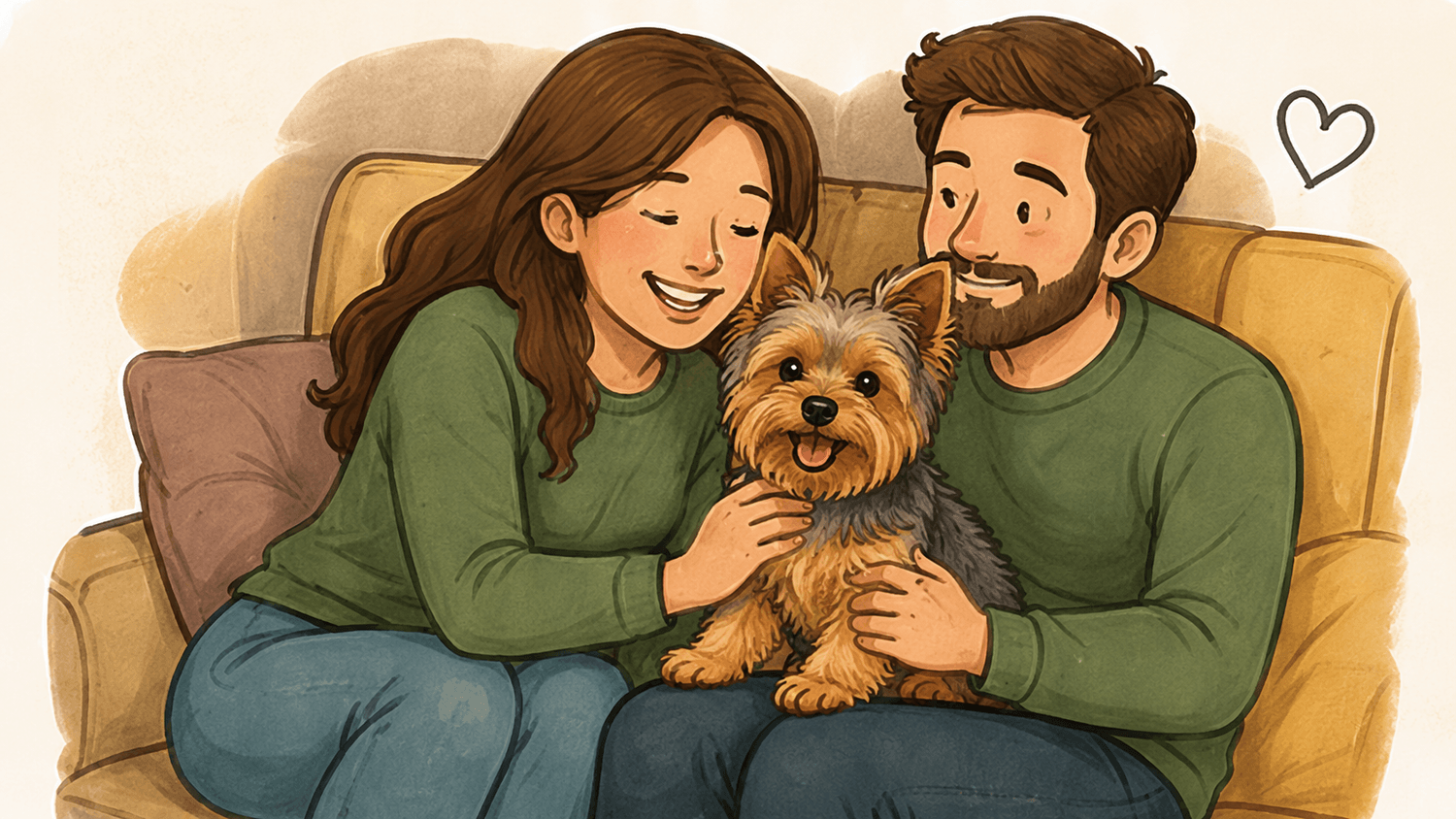 Familia acurrucada con su perro en calma