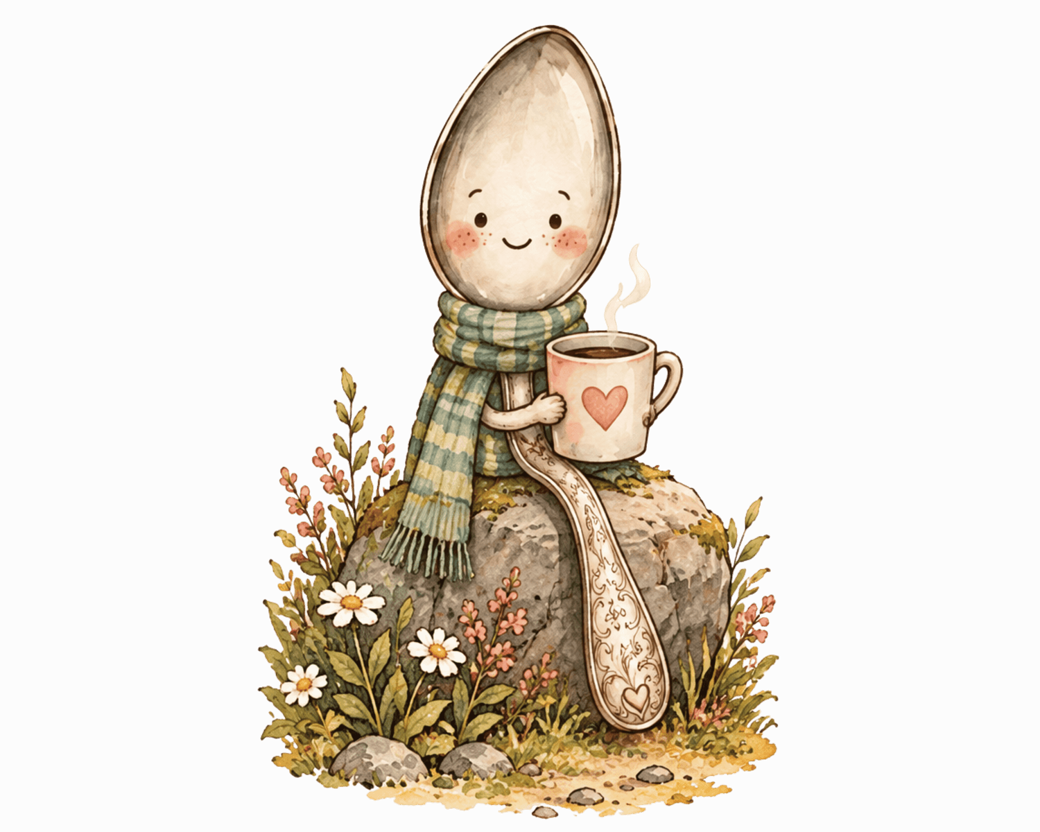 Sadie Spoon holding a warm drink beside a peaceful mountain lake in a vintage storybook illustration.