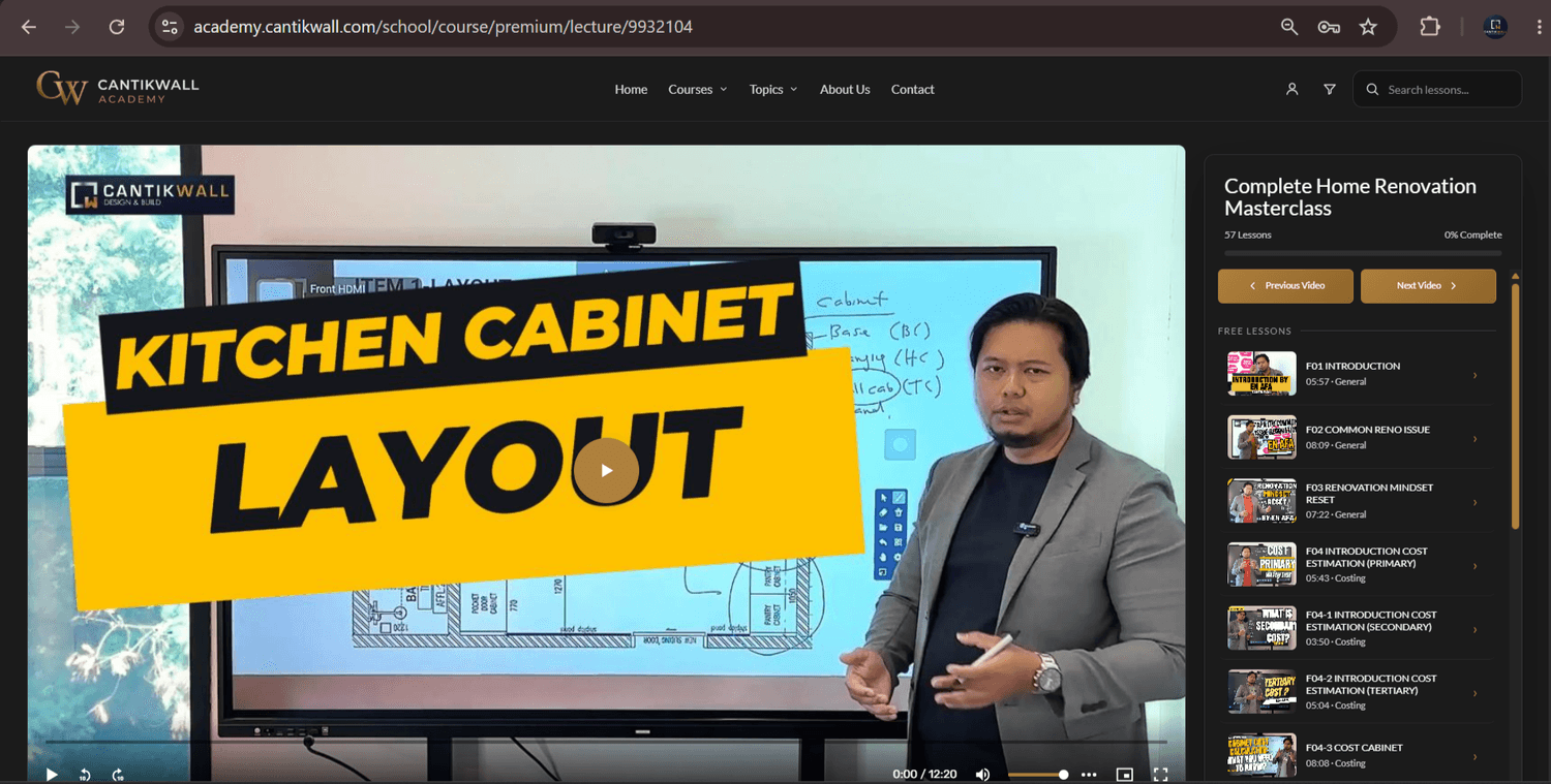 Cantikwall Academy premium course lesson dashboard