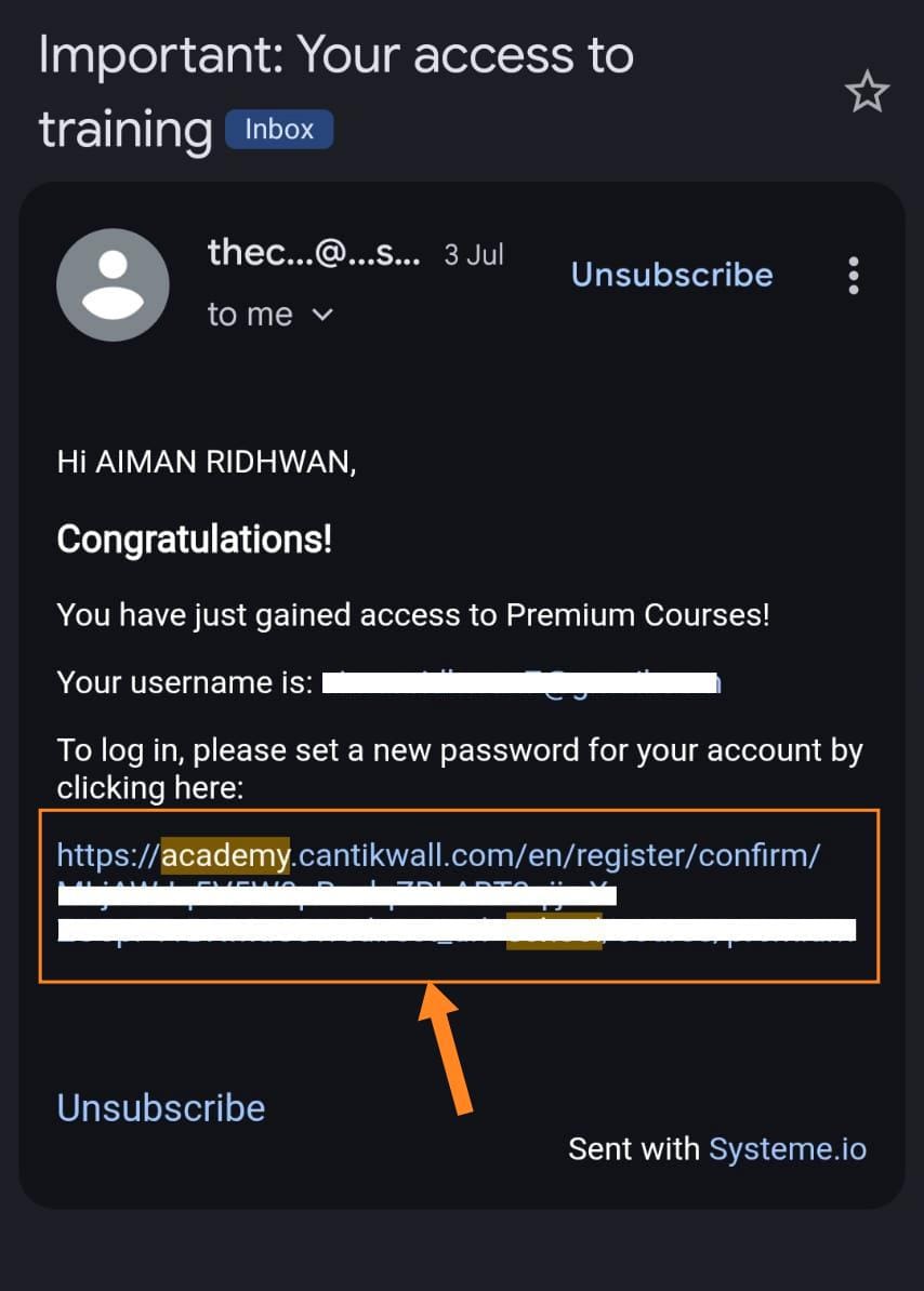 Cantikwall Academy premium access email and password reset instructions
