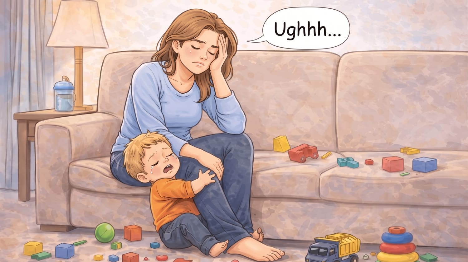 A tired mom at the end of a long day at home