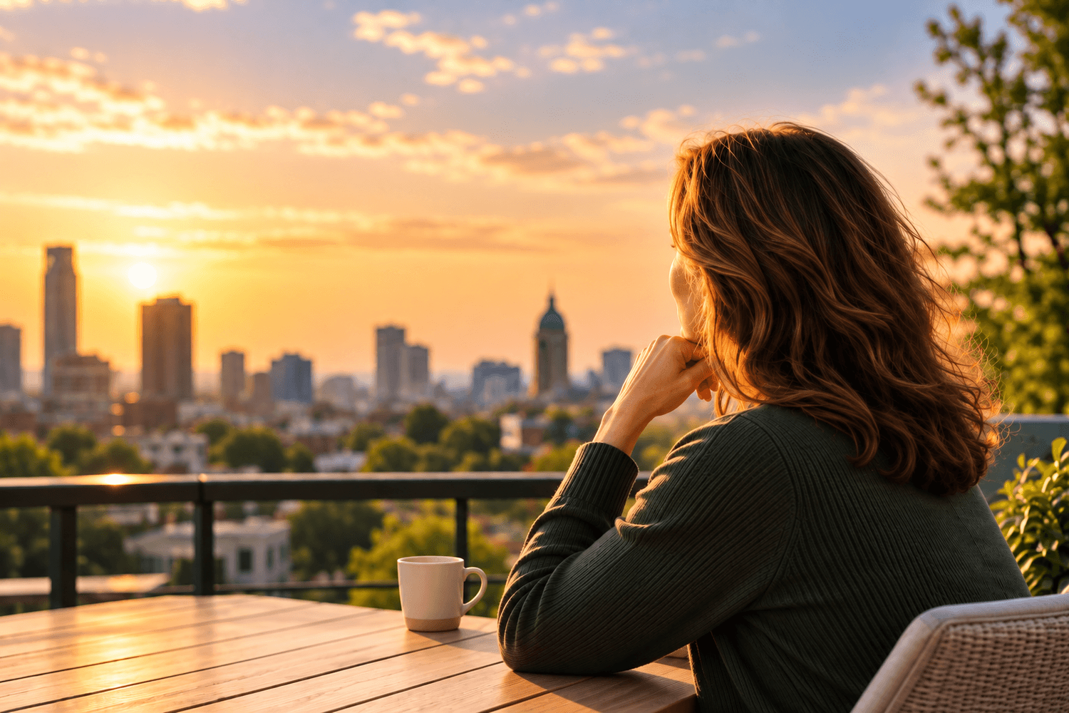 A woman considering the city skyline from a rooftop terrace at sunset.