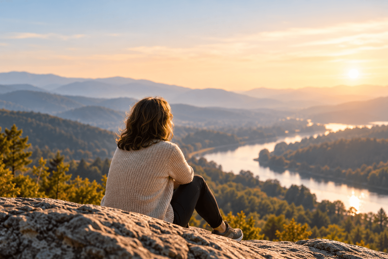 A woman looking across a river valley from a mountain overlook at sunset.