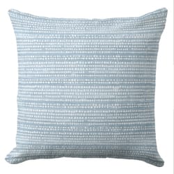 A light blue throw pillow in coastal style featuring a white block printed dotted pattern