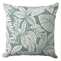 An elegant style tropical throw pillow in a muted teal green and white.