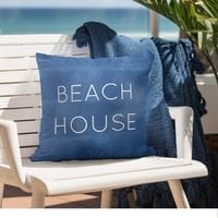 blue coastal throw pillow with the words BEACH HOUSE