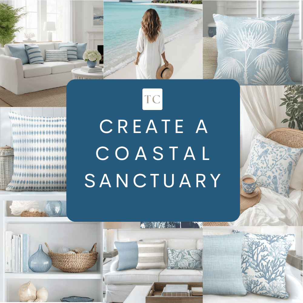 A collage of elegant coastal throw pillows in different coastal living rooms and throw pillow sets in a variety of elegant coastal muted blues and white