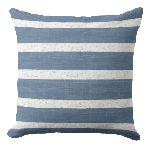 A coastal throw pillow featuring a modern striped pattern in a muted blue and white.