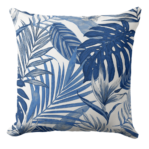 A blue and white palm leaves throw pillow featuring a botanical palm leaf pattern.