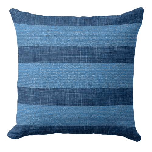 A modern blue throw pillow featuring a blu-on-blue thick stripes pattern with a subtle linen texture.