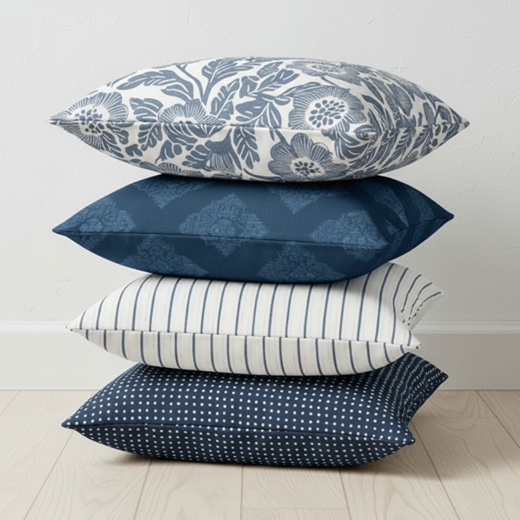 A stack of 4 blue throw pillows in muted blues, royal blues, dark blues and white with varying coastal style patterns.