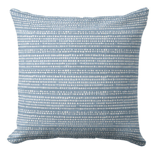 A coastal throw pillow featuring a modern striped pattern in a muted blue and white.