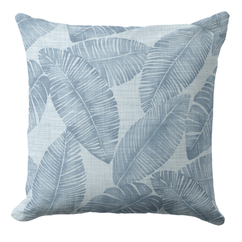 A blue throw pillow featuring a linen texture in mid-blue color