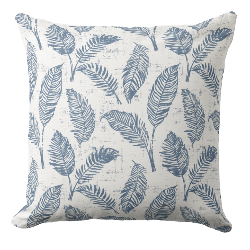 A decorative blue throw pillow with a diamond grid pattern in royal blue and off white.