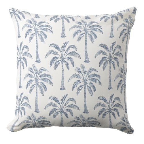 A blue tropical throw pillow featuring a modern hand drawn artisan palm tree pattern in a muted blue on white.