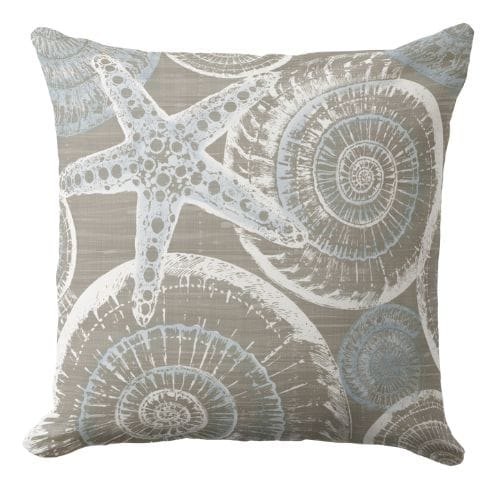 A coastal throw pillow featuring a modern striped pattern in a muted blue and white.