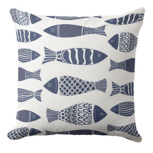A blue in white throw pillow in a beach coastal style.