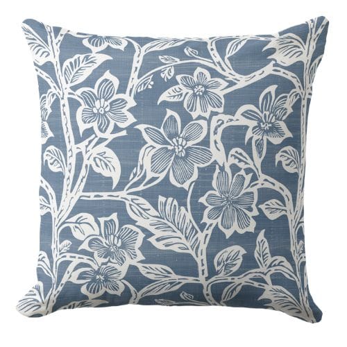 Hamptons throw pillow featuring a floral hand block style print design in blue and white.