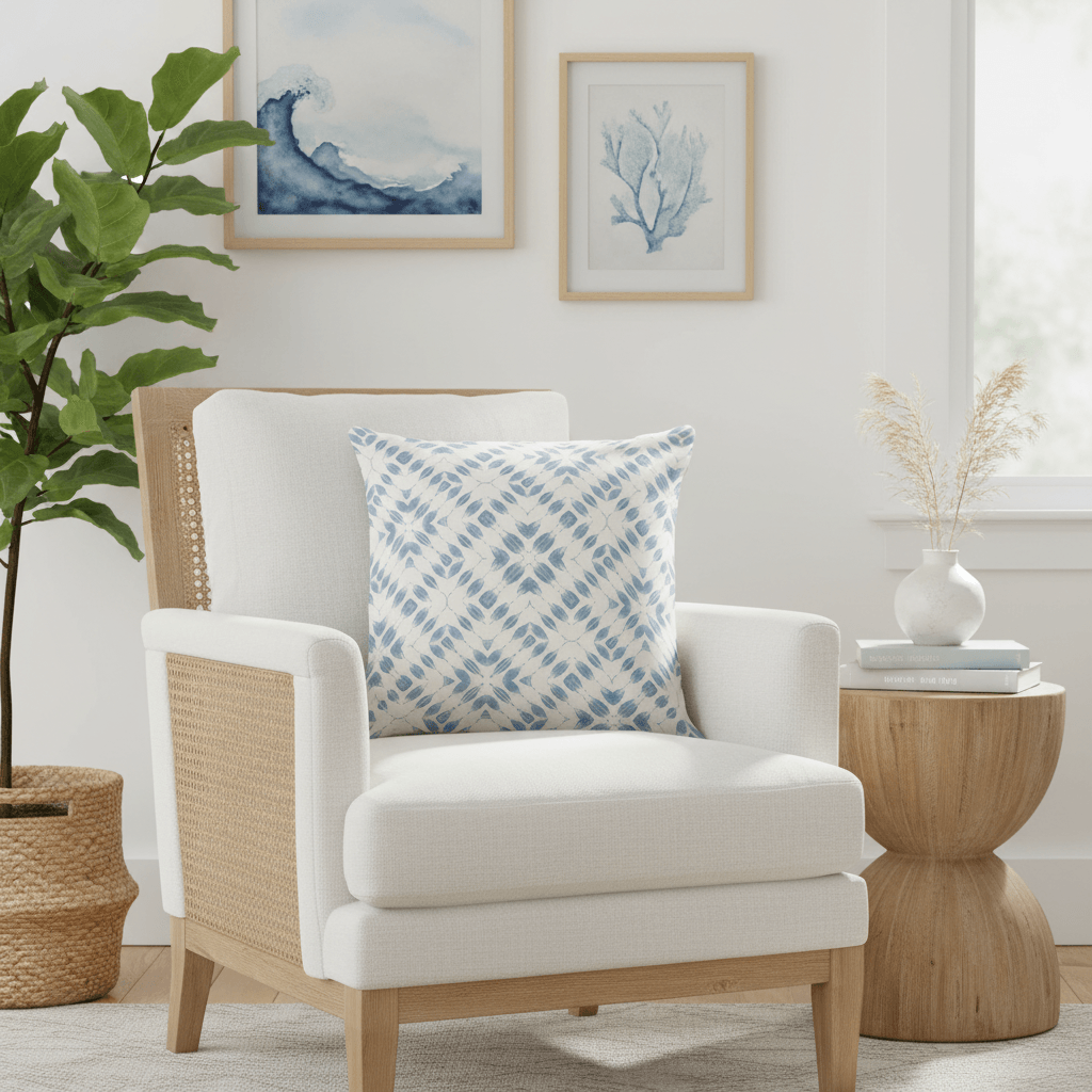 A stack of 4 blue throw pillows in muted blues, royal blues, dark blues and white with varying coastal style patterns.