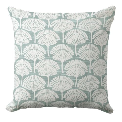 A blue throw pillow featuring a linen texture in mid-blue color