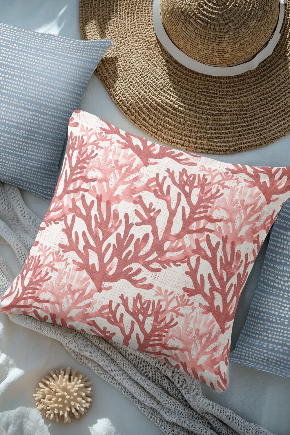 A stack of 4 blue throw pillows in muted blues, royal blues, dark blues and white with varying coastal style patterns.