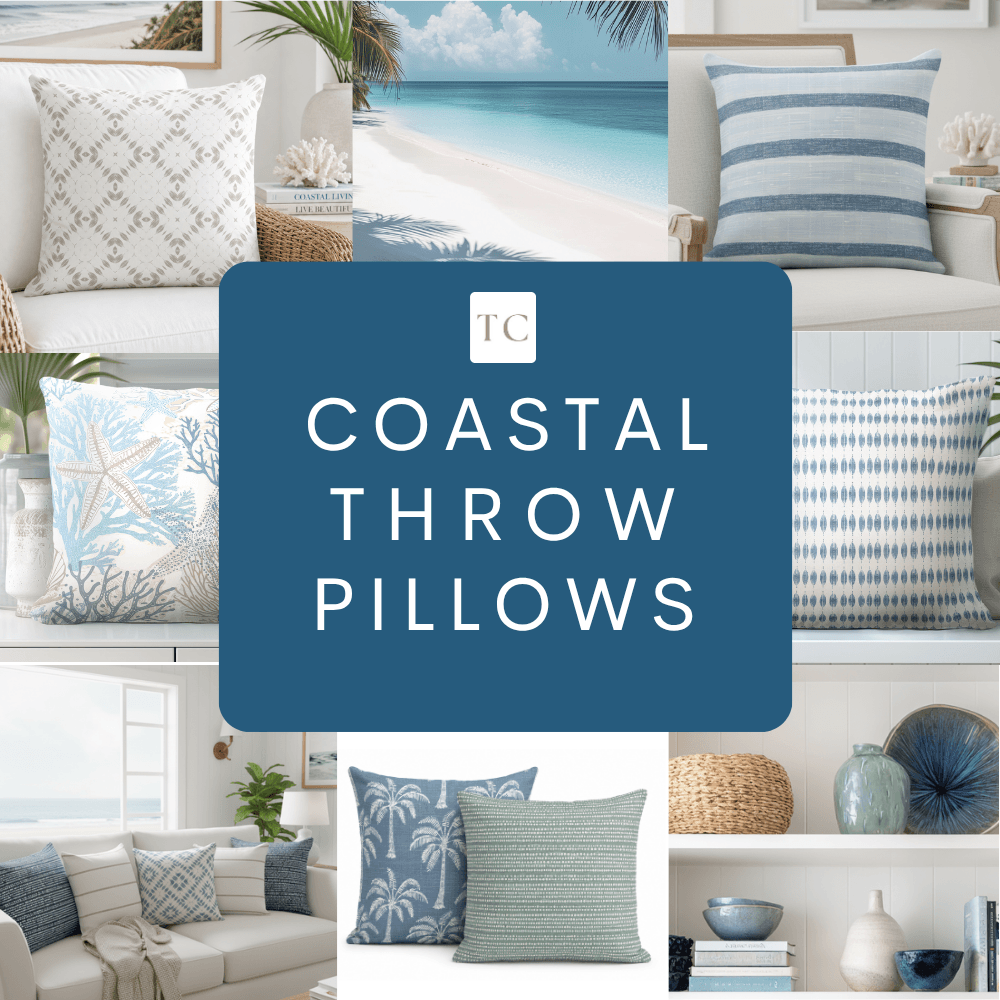 A collage of elegant coastal throw pillows in different coastal living rooms and throw pillow sets in a variety of elegant coastal muted blues and white