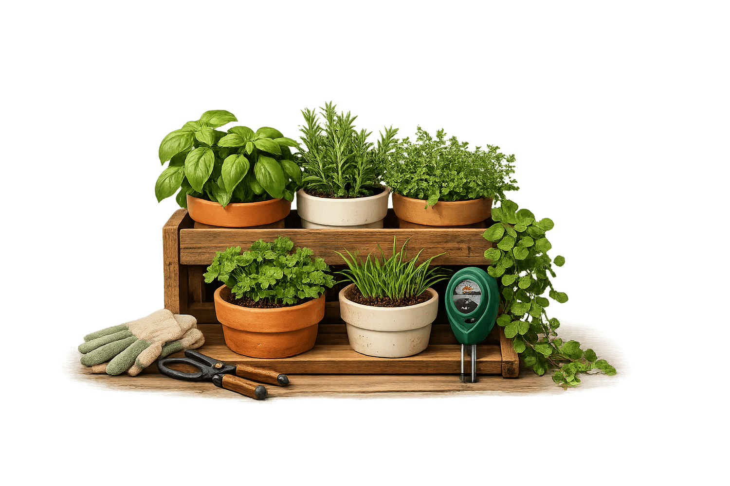 Wooden herb shelf with terracotta pots, moisture meter, and garden tools