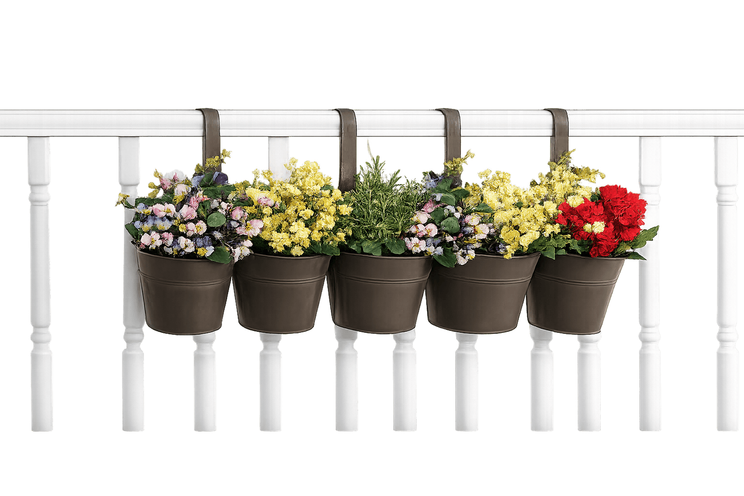 Metal railing planters with colorful flowers on a white balcony railing