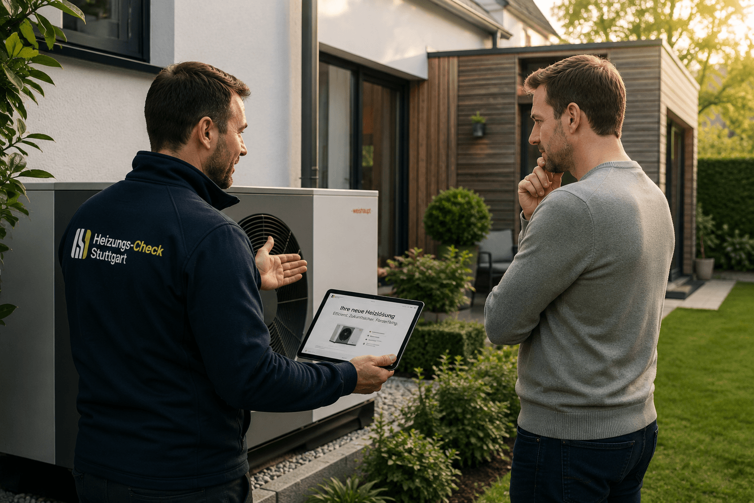 Beratungsgespräch am Haus mit Blick auf eine Wärmepumpe