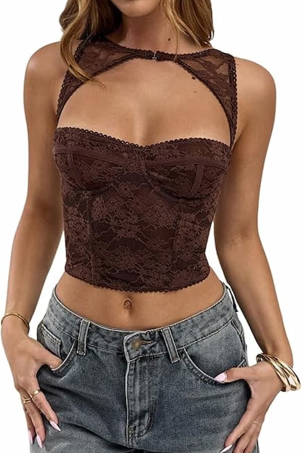  Cut Out Lace Crop Bustier Corset Tank Top 