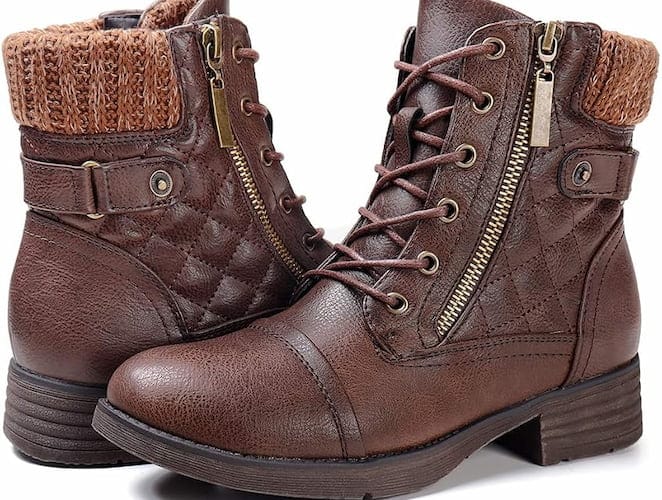 Brown quilted lace‑up combat booties with knit cuff and side zipper for fall and winter wear.