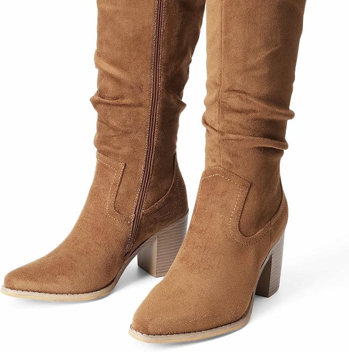 Tan suede slouch knee‑high boots with chunky block heels and side zipper, perfect for fall outfits.