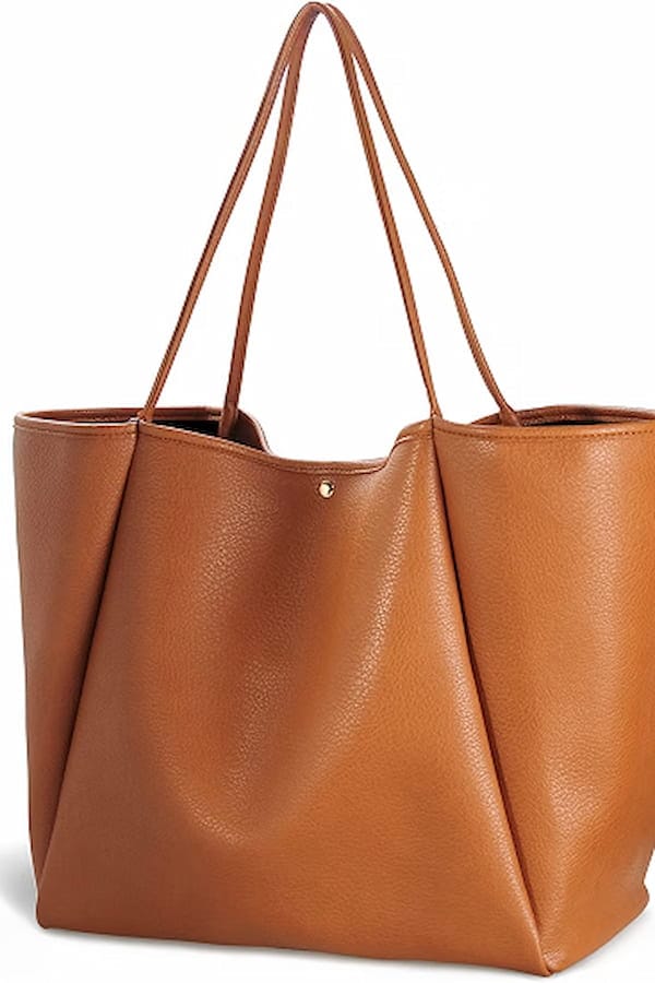 Oversized PU leather tote bag for women in tan, versatile weekender shopper handbag with spacious design, ideal for travel and everyday use