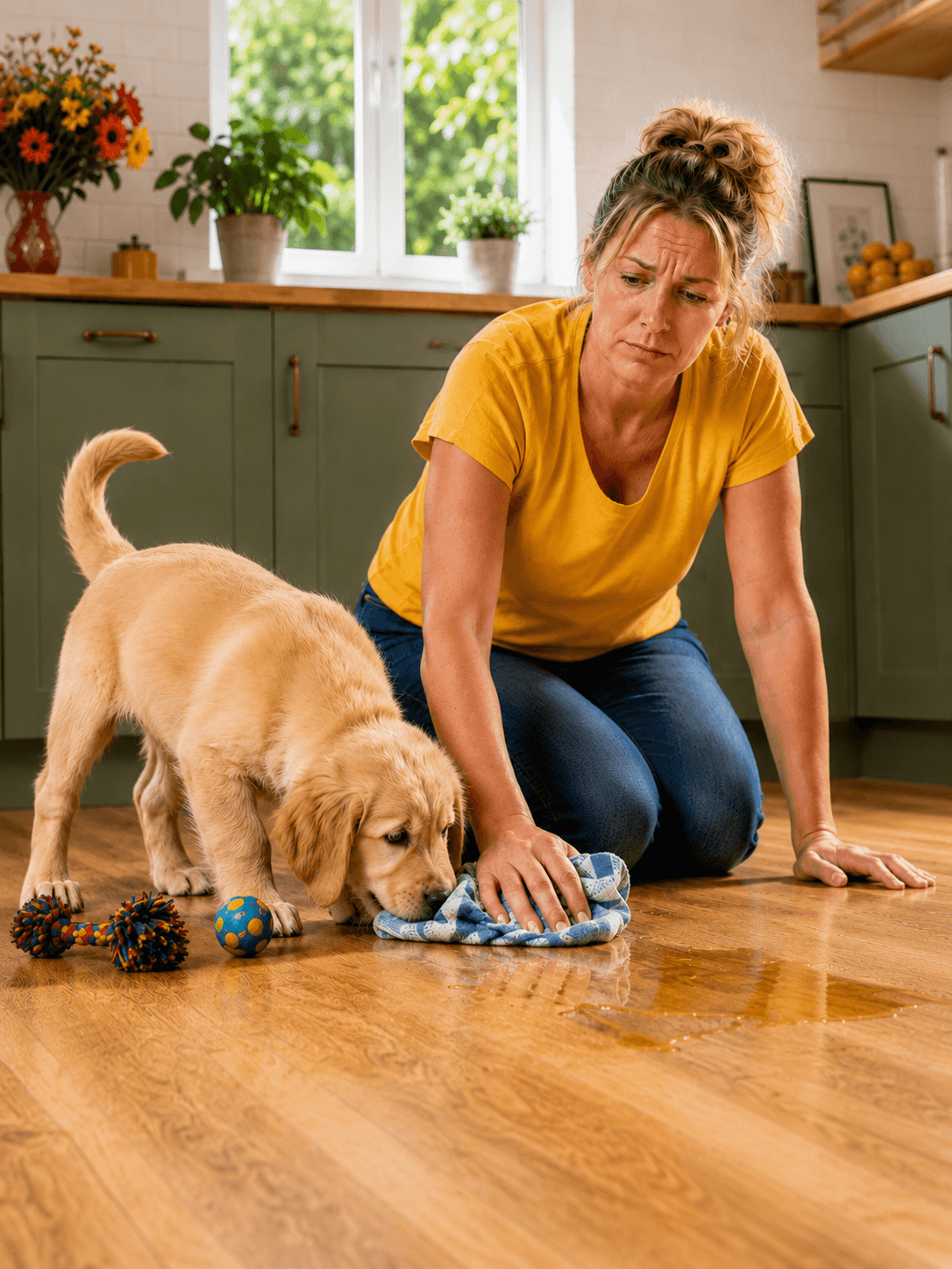 Exhausted puppy owner cleaning up after her puppy in the kitchen