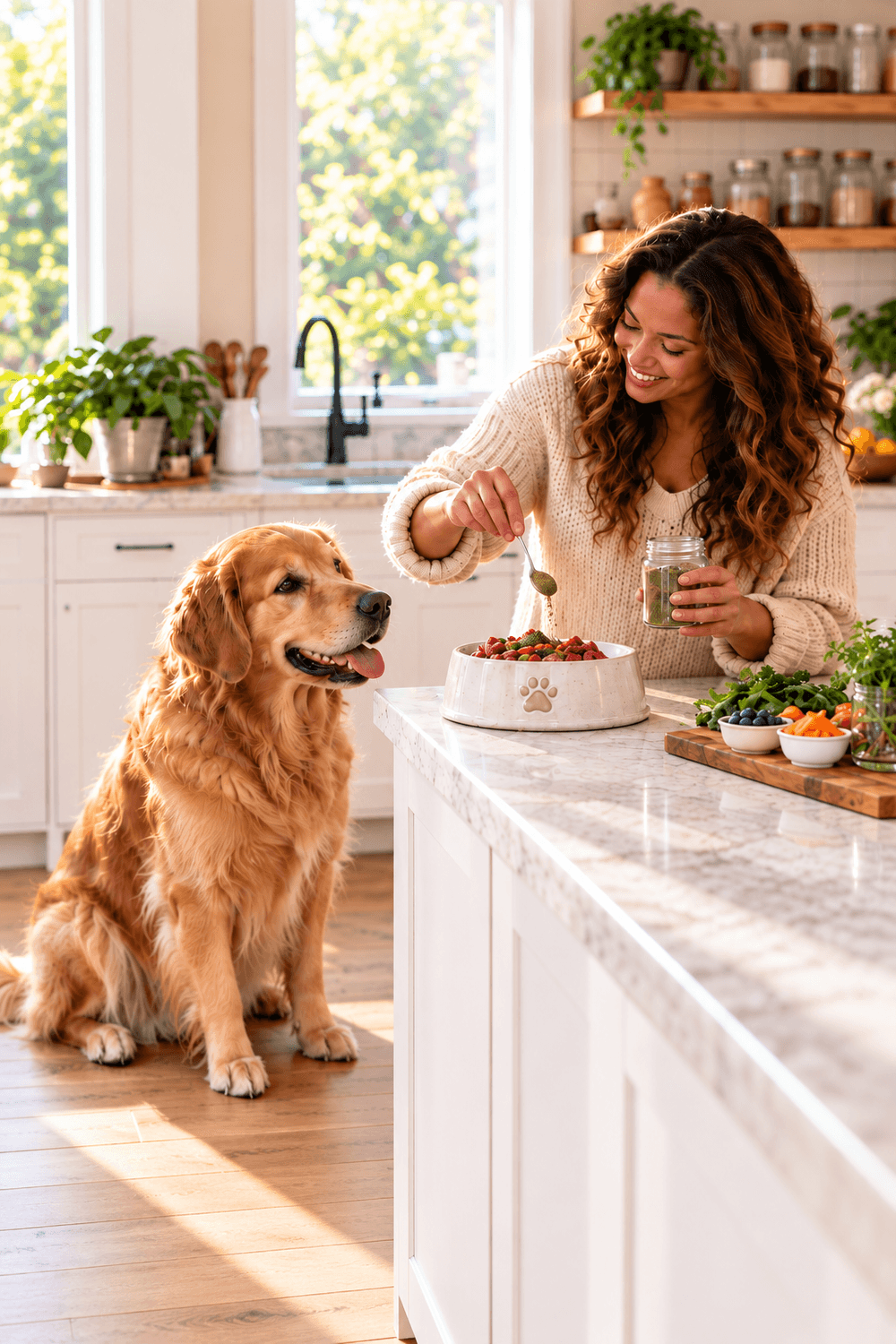 Golden Retriever watching his owner add a natural supplement to his food in the kitchen