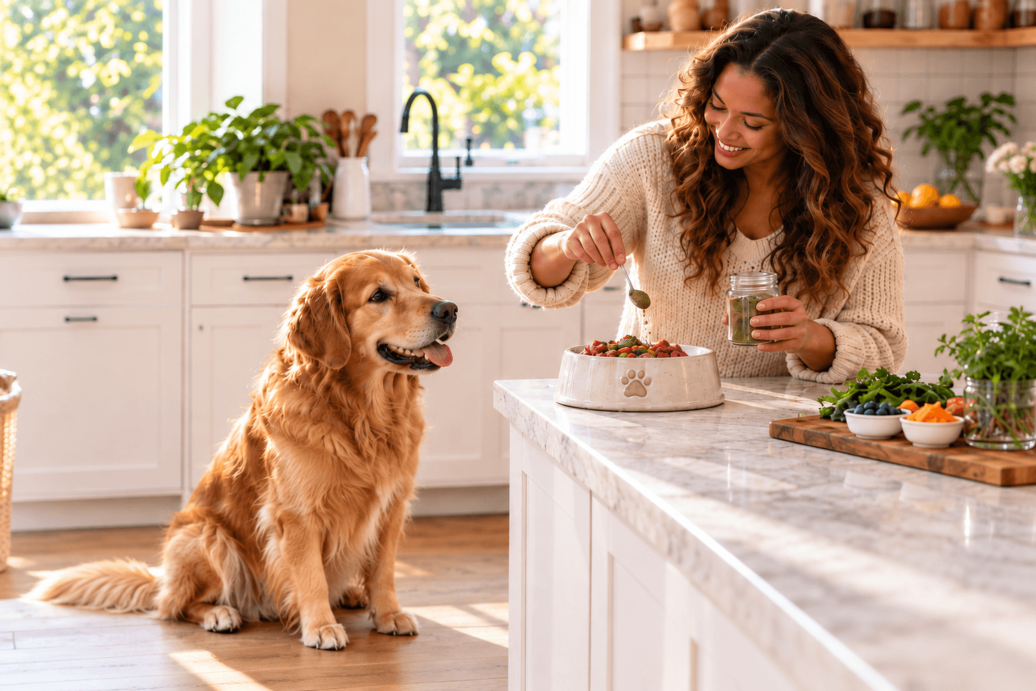 Golden Retriever watching his owner add a natural supplement to his food in the kitchen