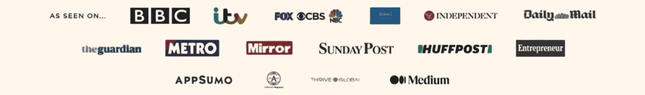 As Seen On banner featuring BBC, ITV, Channel 5, The Guardian, The Independent, The Daily Mail, The Metro, Prima and more