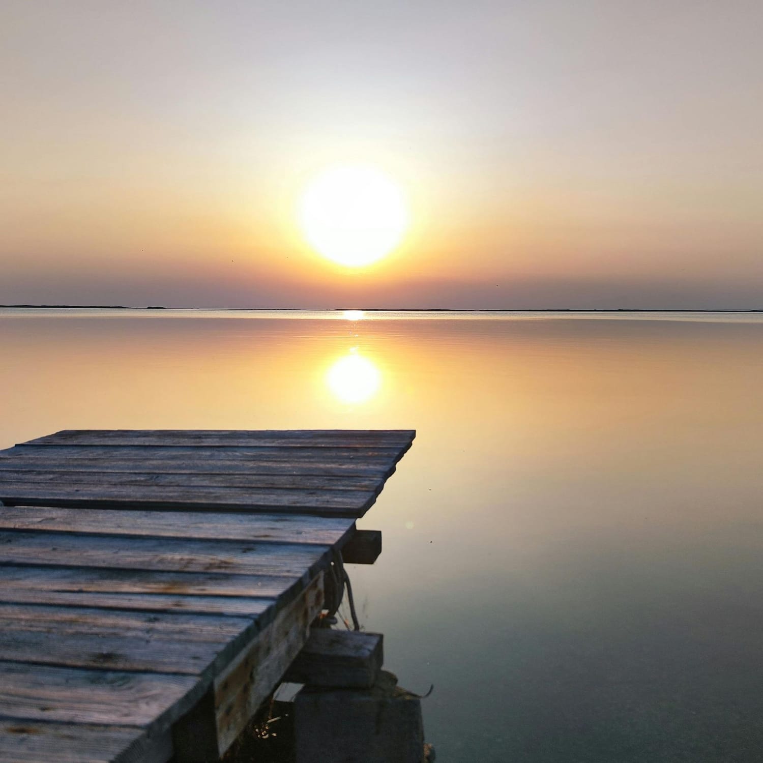 A wooden Dock extending out over atill water during a sunrise