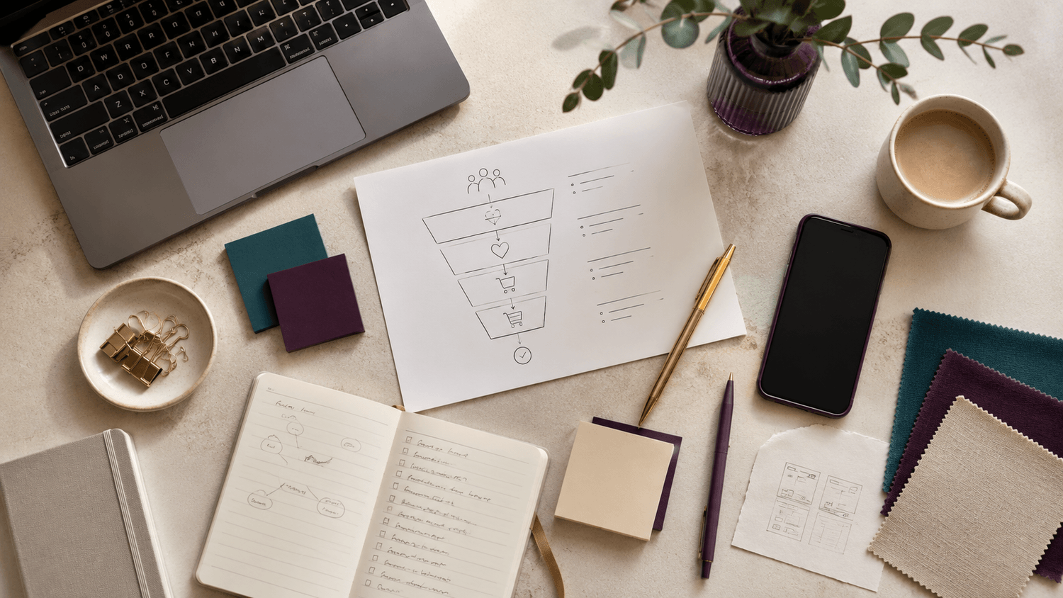 Business strategy planning workspace with laptop, notebook, funnel sketch, phone, and creative materials