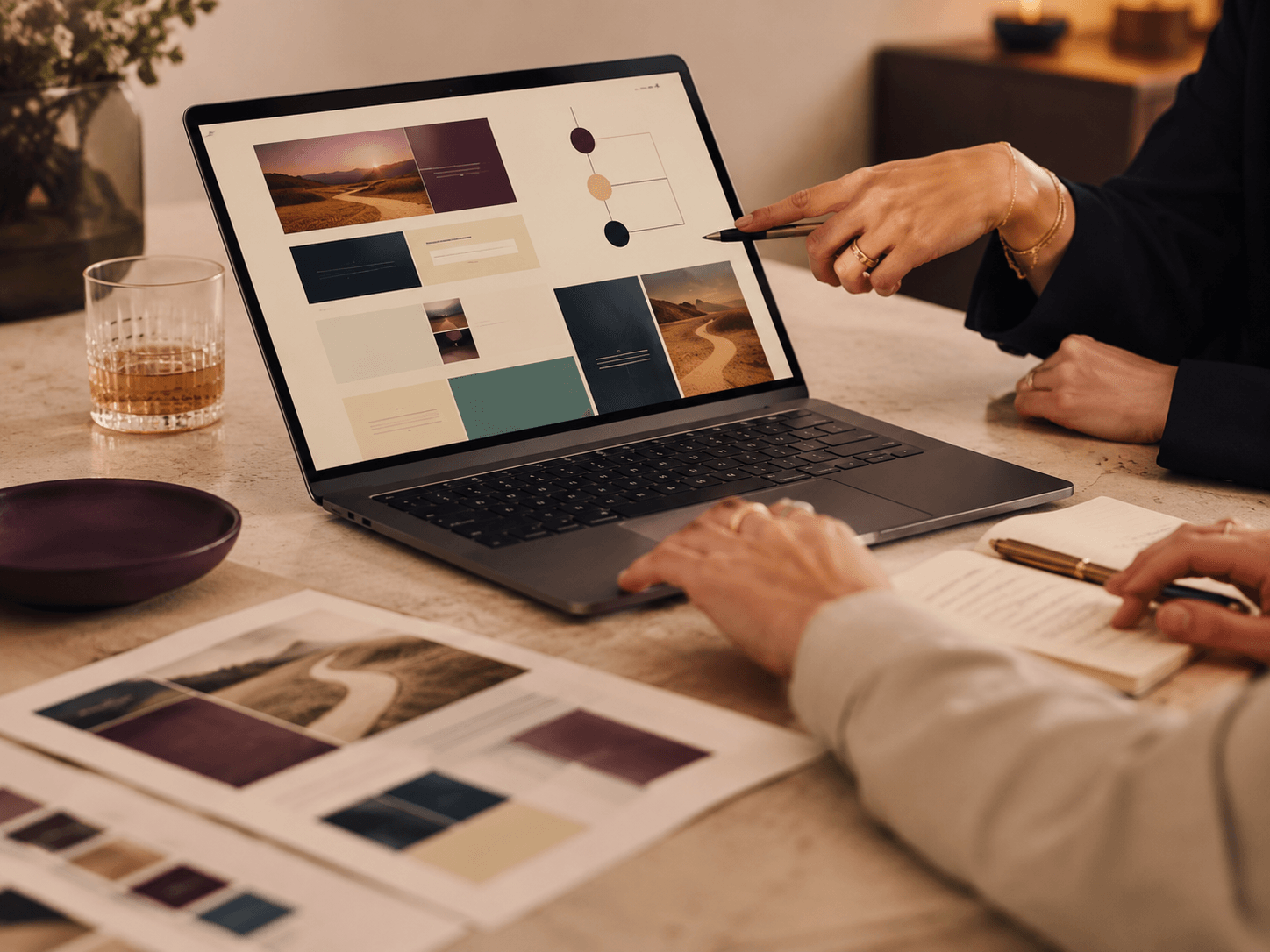 Business website and funnel planning workspace with laptop, notebook, and design materials
