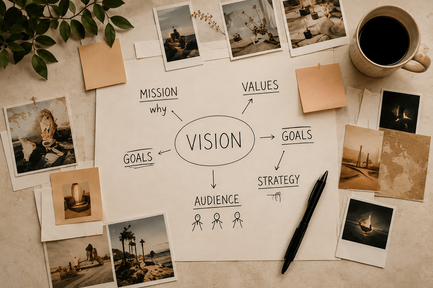 Vision planning workspace with mission, values, goals, audience, and strategy notes