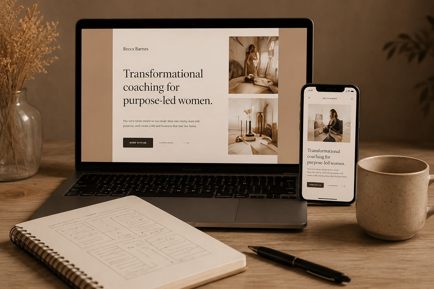 Website refinement workspace showing desktop and mobile design with notebook and coffee