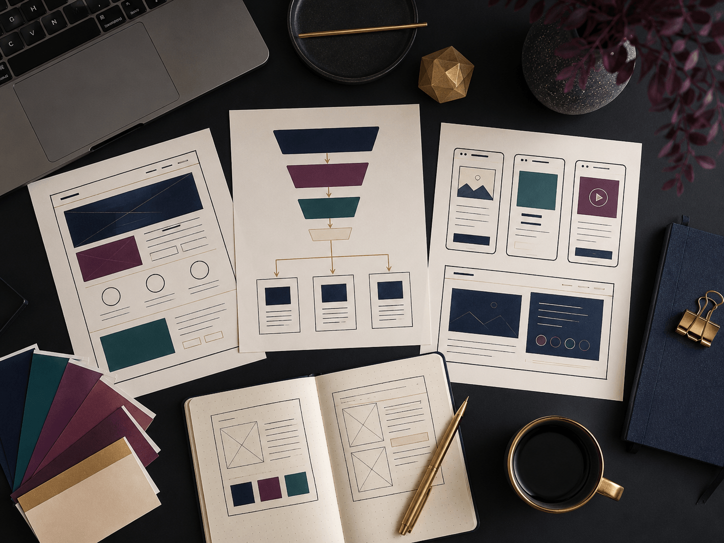 Website and funnel building workspace with laptop, planning notes, and digital strategy materials