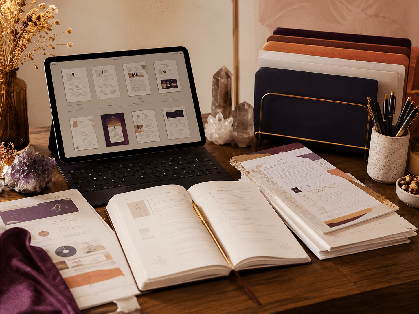 Creative workspace with journals, reflection resources, printed pages, tea, and warm brand materials