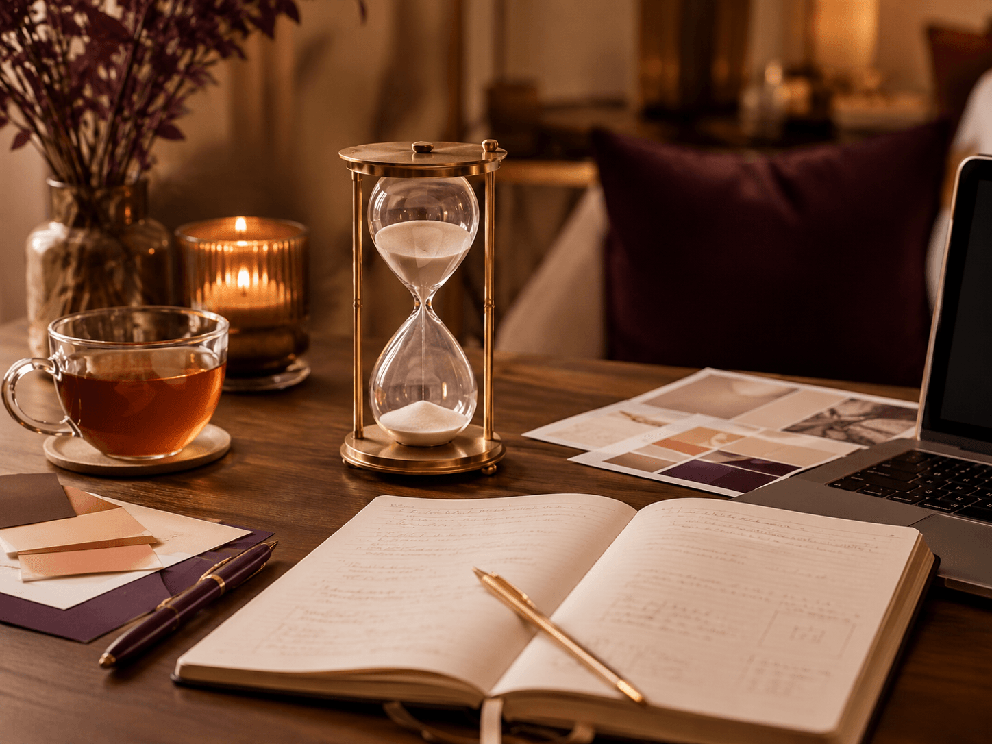 Warm workspace with timepiece, journal, tea, laptop, and planning materials showing the time and care behind free resources
