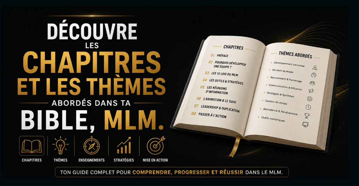 L’image indique : « Découvre les chapitres et les thèmes abordés dans ta Bible du MLM immobilier. » Christophe Bouquet explique que, juste en dessous, un carrousel de vidéos présente et explique chacun des chapitres de son livre Les 15 lois du MLM immobilier.
